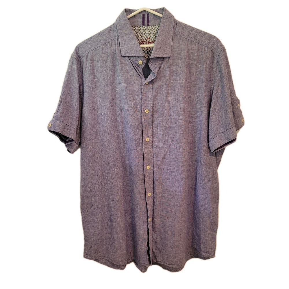 Robert Graham Shirt Men's XL Purple Button Short Sleeve Geometric Colorful Linen